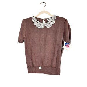 Retro Knit Sweater Brown M Floral Lace Preppy Cottagecore Feminine Classic Chic